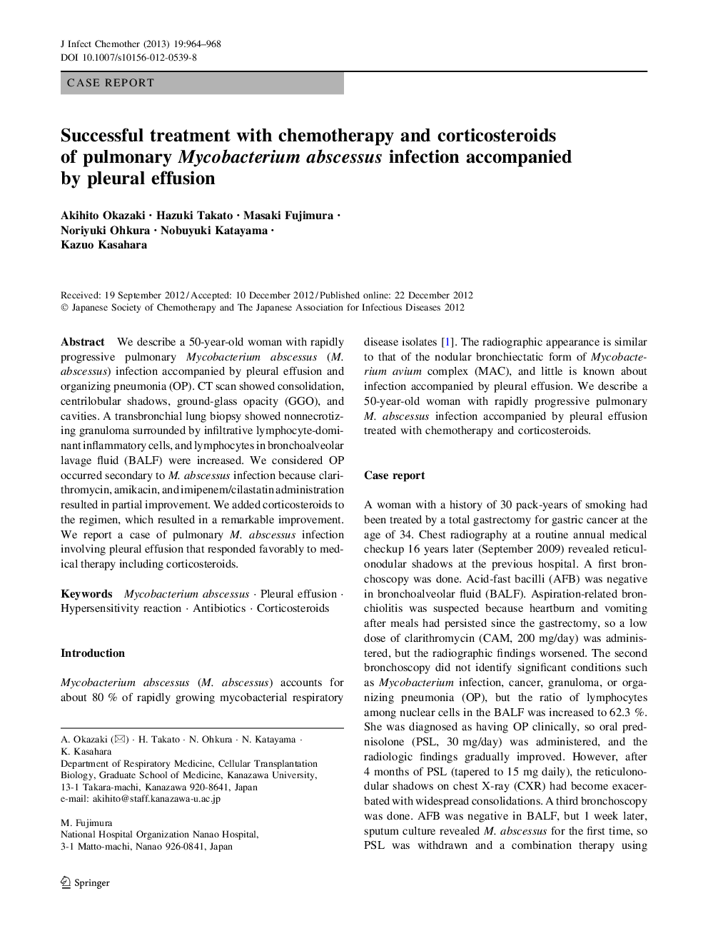 Successful treatment with chemotherapy and corticosteroids of pulmonary Mycobacterium abscessus infection accompanied by pleural effusion