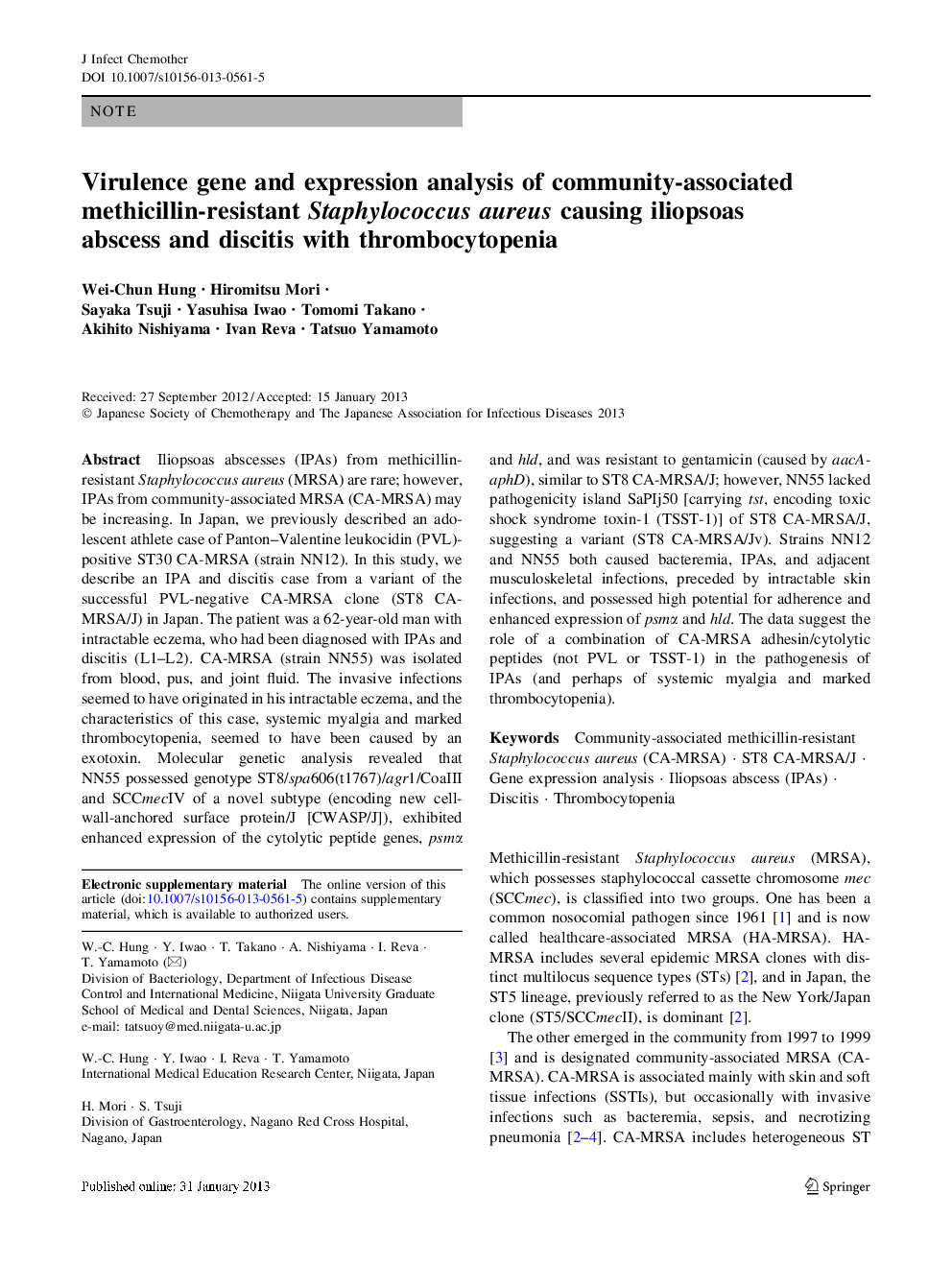 Virulence gene and expression analysis of community-associated methicillin-resistant Staphylococcus aureus causing iliopsoas abscess and discitis with thrombocytopenia