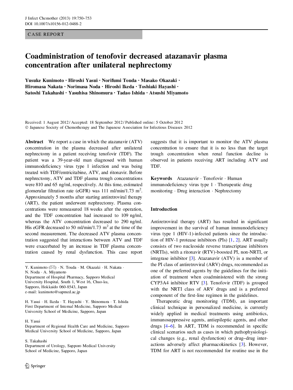Coadministration of tenofovir decreased atazanavir plasma concentration after unilateral nephrectomy