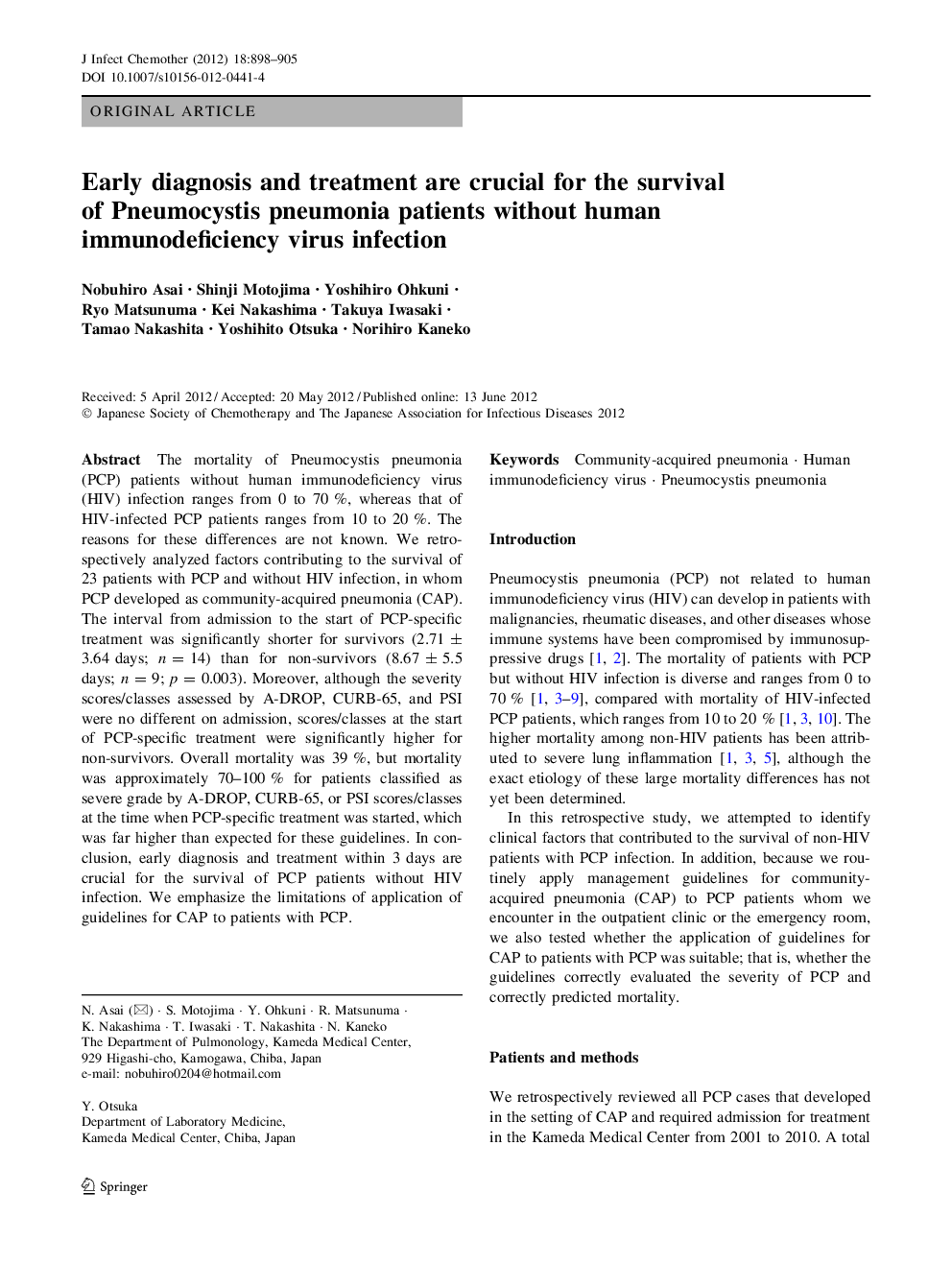 Early diagnosis and treatment are crucial for the survival of Pneumocystis pneumonia patients without human immunodeficiency virus infection