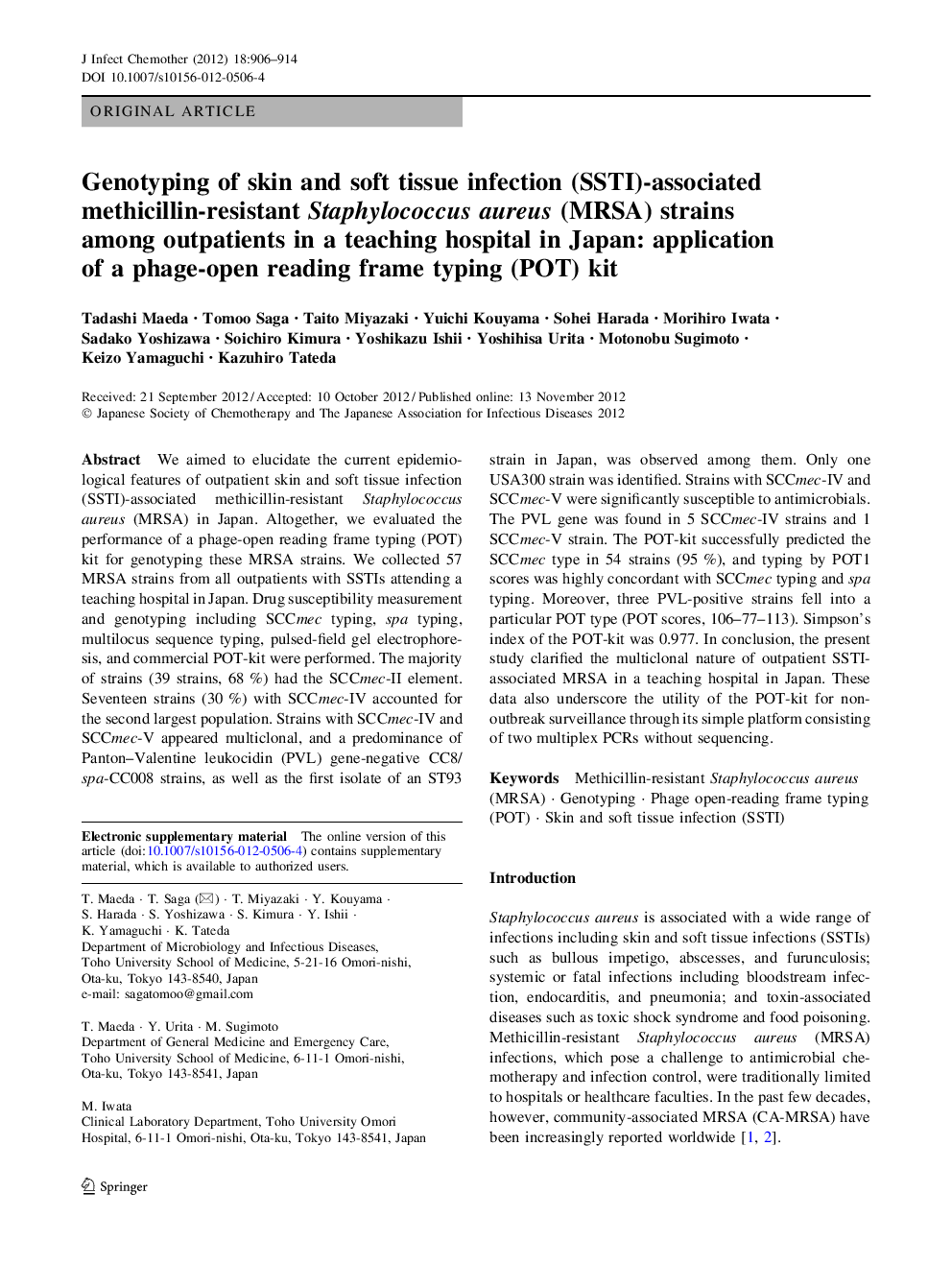 عکس صفحه اول مقاله: Genotyping of skin and soft tissue infection (SSTI)-associated methicillin-resistant Staphylococcus aureus (MRSA) strains among outpatients in a teaching hospital in Japan: application of a phage-open reading frame typing (POT) kit Genotyping of skin and soft tissue infection (SSTI)-associated methicillin-resistant Staphylococcus aureus (MRSA) strains among outpatients in a teaching hospital in Japan: application of a phage-open reading frame typing (POT) kit