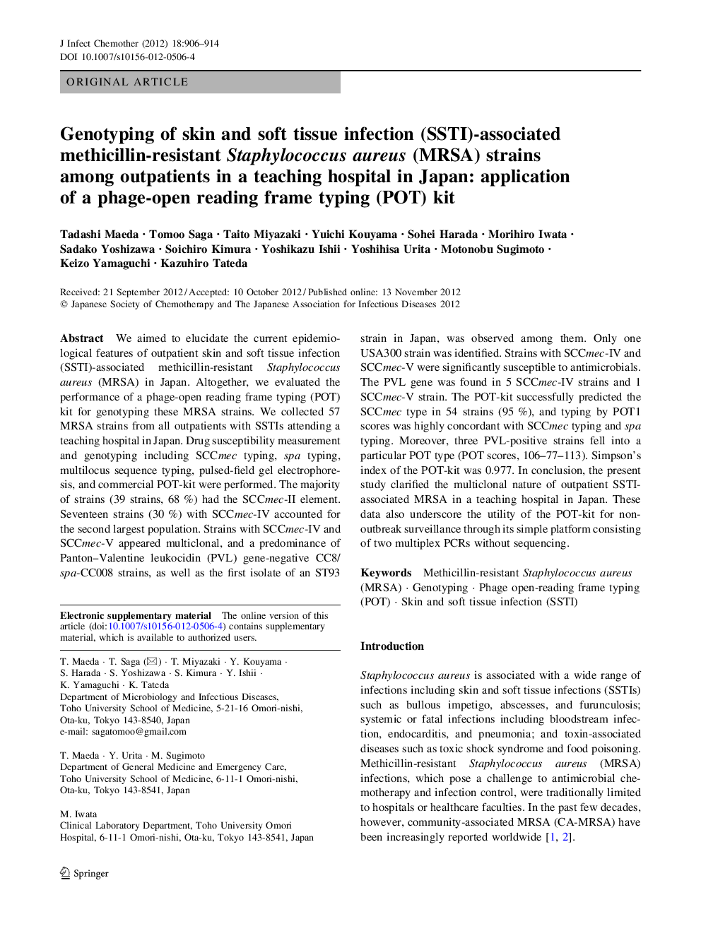 Genotyping of skin and soft tissue infection (SSTI)-associated methicillin-resistant Staphylococcus aureus (MRSA) strains among outpatients in a teaching hospital in Japan: application of a phage-open reading frame typing (POT) kit