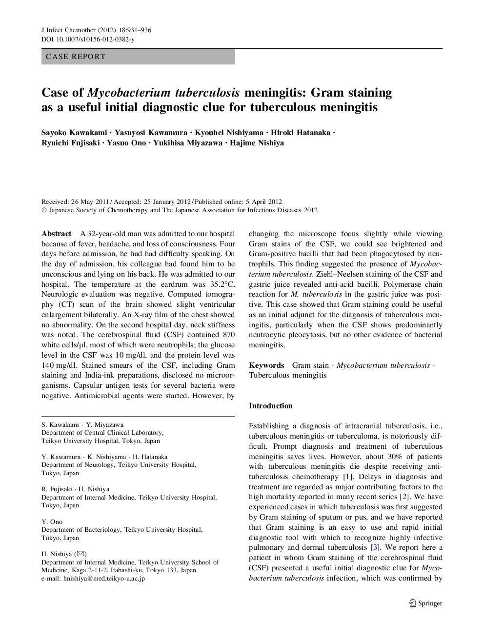 Case of Mycobacterium tuberculosis meningitis: Gram staining as a useful initial diagnostic clue for tuberculous meningitis