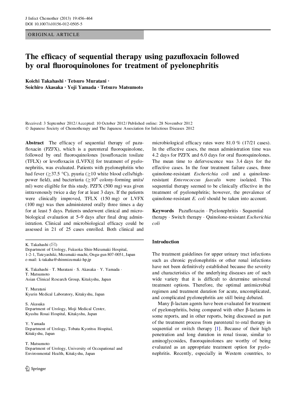 The efficacy of sequential therapy using pazufloxacin followed by oral fluoroquinolones for treatment of pyelonephritis