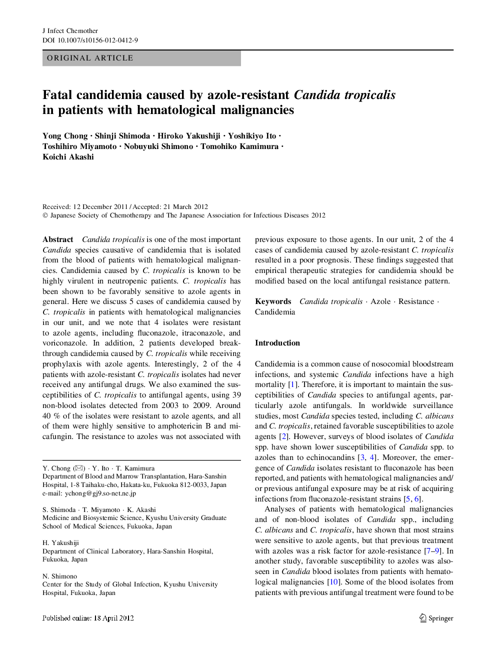 Fatal candidemia caused by azole-resistant Candida tropicalis in patients with hematological malignancies