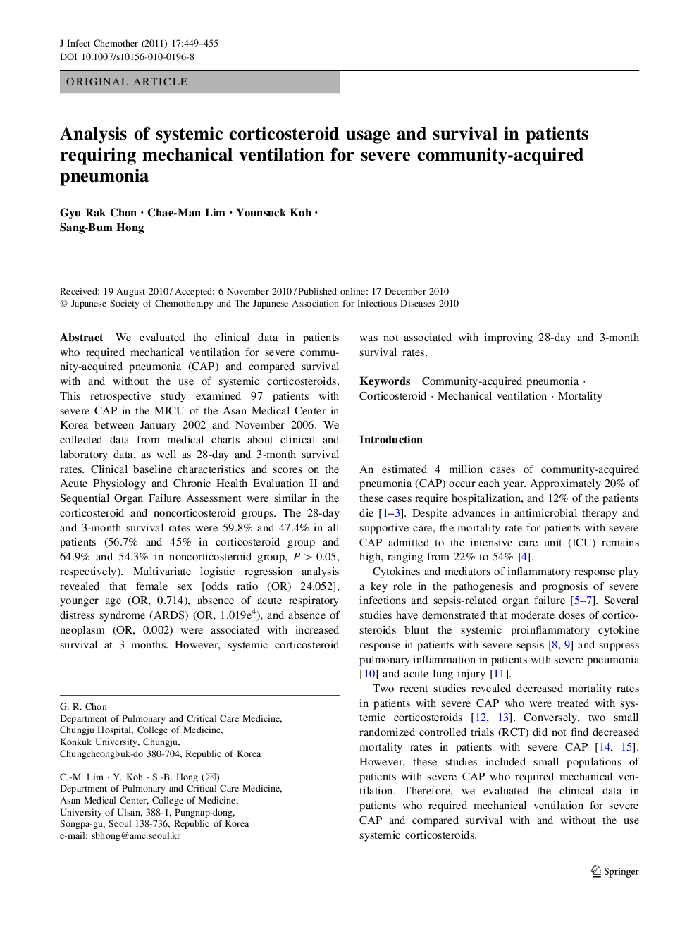 Analysis of systemic corticosteroid usage and survival in patients requiring mechanical ventilation for severe community-acquired pneumonia