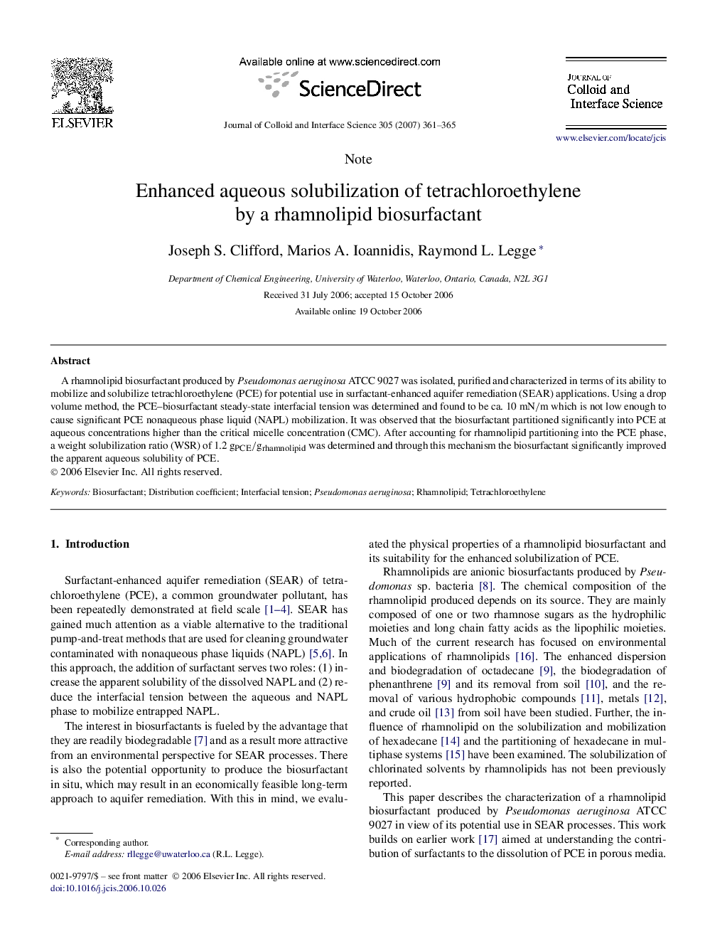 Enhanced aqueous solubilization of tetrachloroethylene by a rhamnolipid biosurfactant