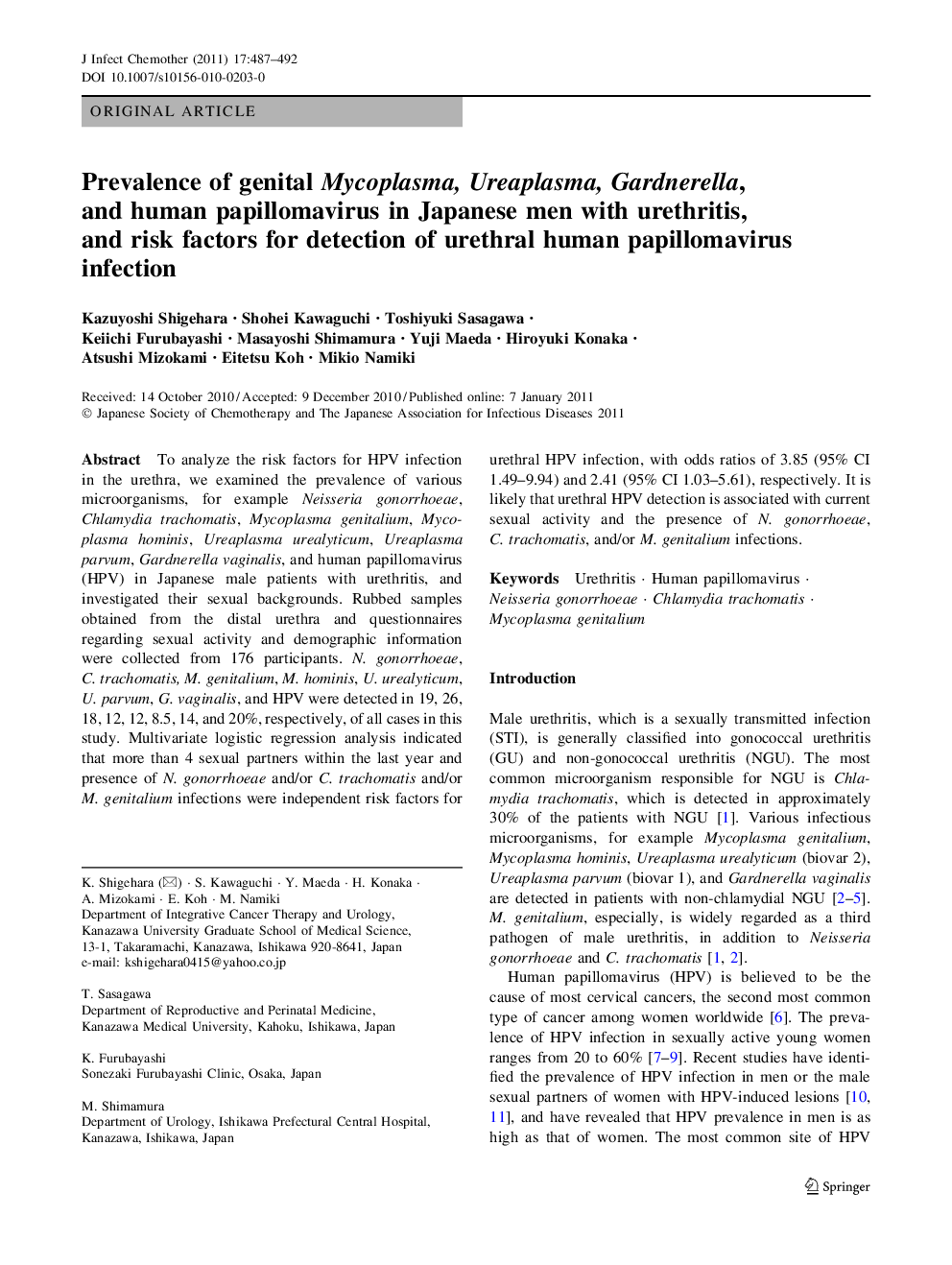 Prevalence of genital Mycoplasma, Ureaplasma, Gardnerella, and human papillomavirus in Japanese men with urethritis, and risk factors for detection of urethral human papillomavirus infection