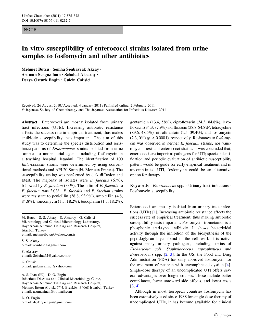 In vitro susceptibility of enterococci strains isolated from urine samples to fosfomycin and other antibiotics