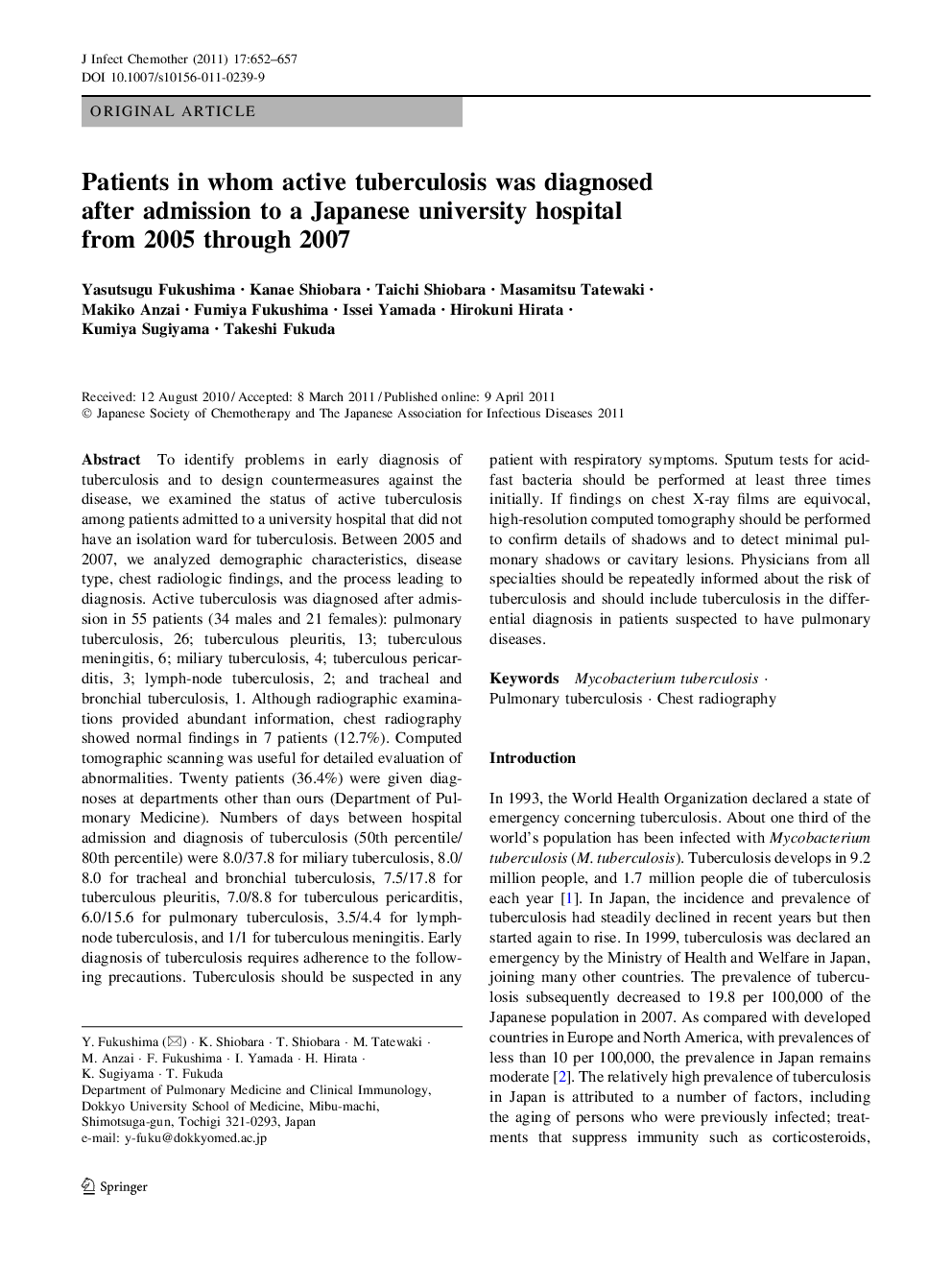 Patients in whom active tuberculosis was diagnosed after admission to a Japanese university hospital from 2005 through 2007