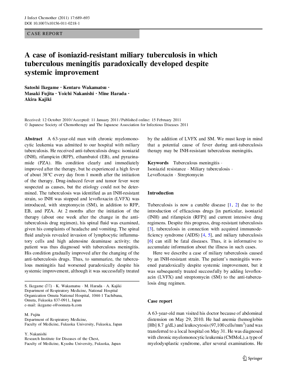 A case of isoniazid-resistant miliary tuberculosis in which tuberculous meningitis paradoxically developed despite systemic improvement