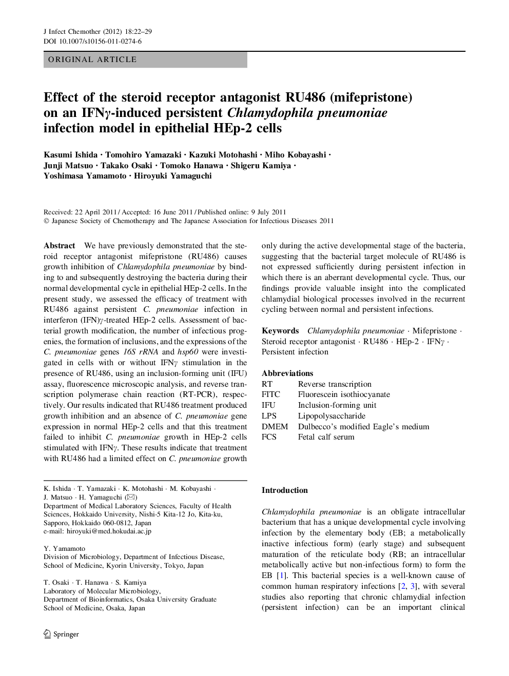 Effect of the steroid receptor antagonist RU486 (mifepristone) on an IFNÎ³-induced persistent Chlamydophila pneumoniae infection model in epithelial HEp-2 cells