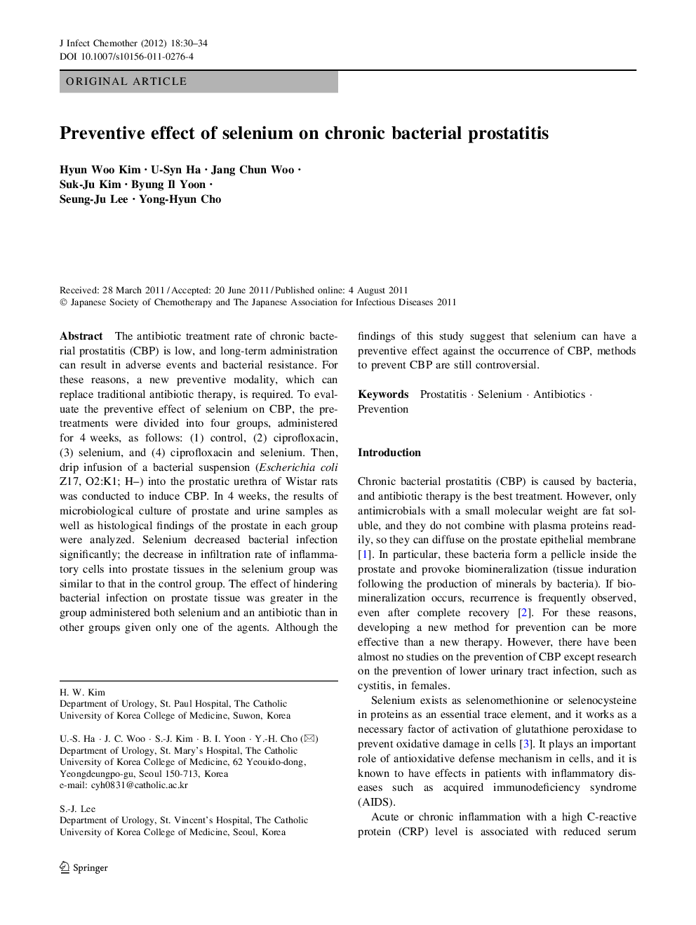 Preventive effect of selenium on chronic bacterial prostatitis