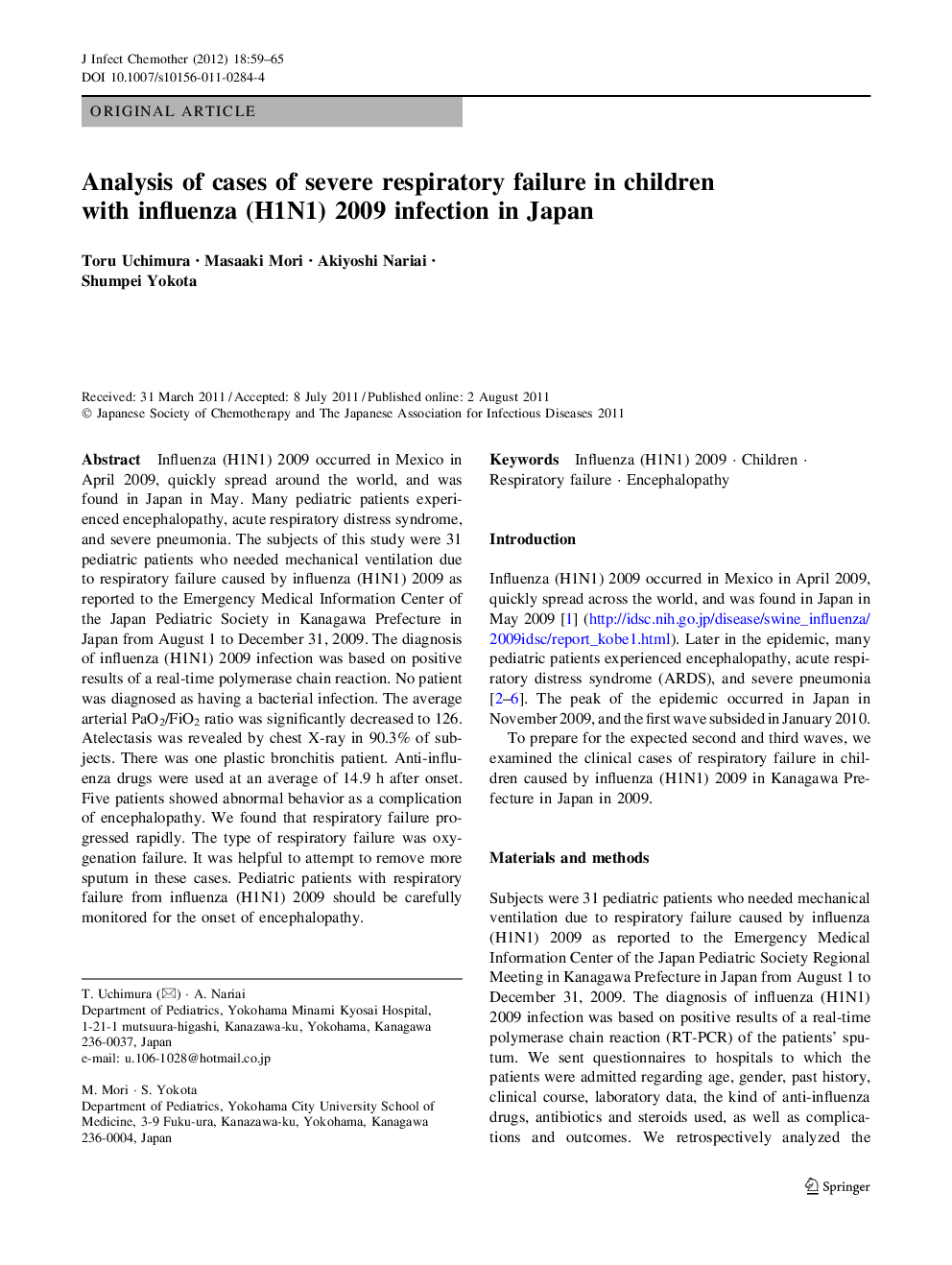 Analysis of cases of severe respiratory failure in children with influenza (H1N1) 2009 infection in Japan