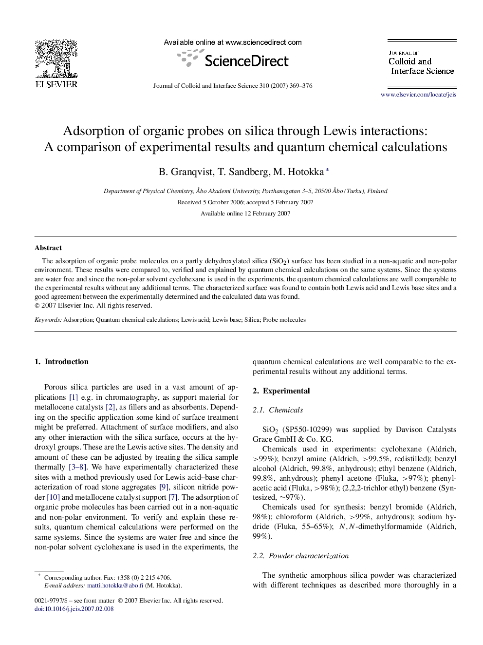 Adsorption of organic probes on silica through Lewis interactions: A comparison of experimental results and quantum chemical calculations