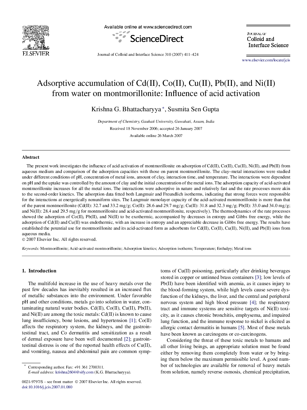 Adsorptive accumulation of Cd(II), Co(II), Cu(II), Pb(II), and Ni(II) from water on montmorillonite: Influence of acid activation