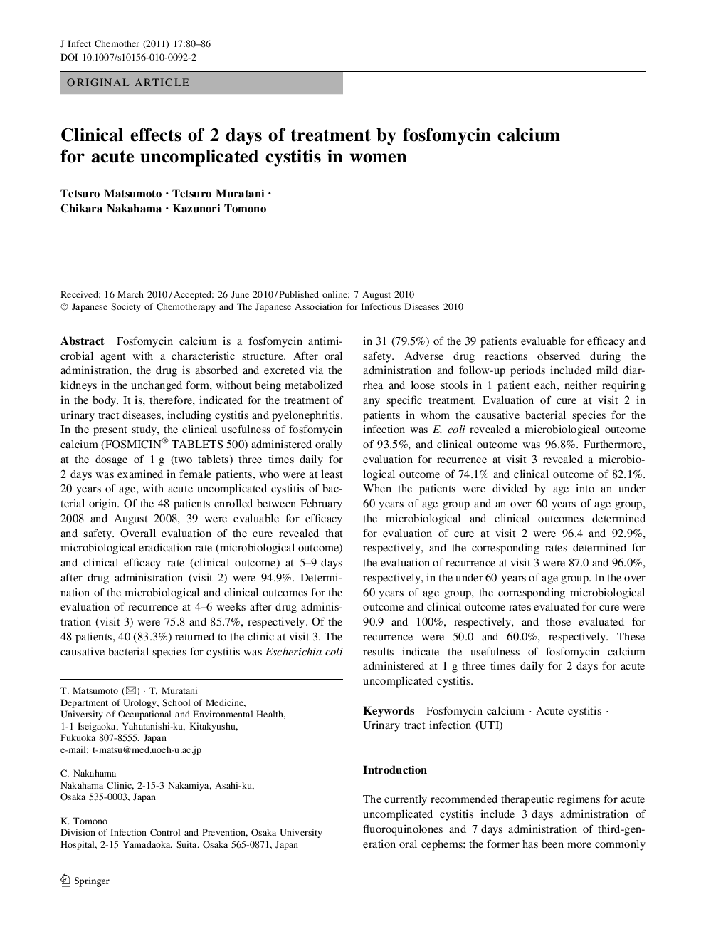 Clinical effects of 2 days of treatment by fosfomycin calcium for acute uncomplicated cystitis in women