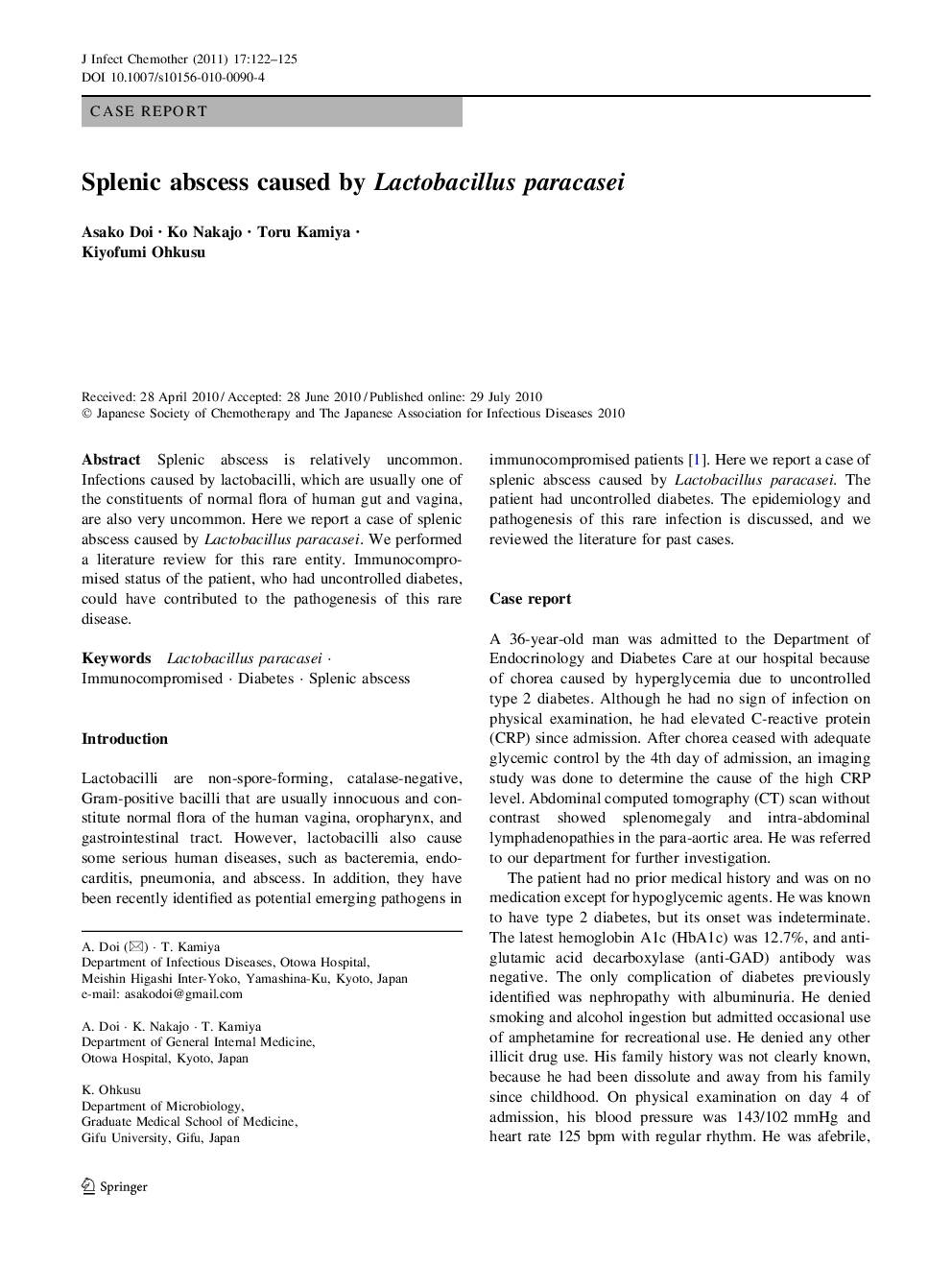 Splenic abscess caused by Lactobacillus paracasei