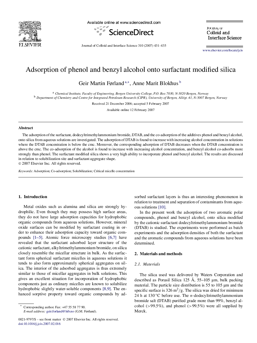 Adsorption of phenol and benzyl alcohol onto surfactant modified silica