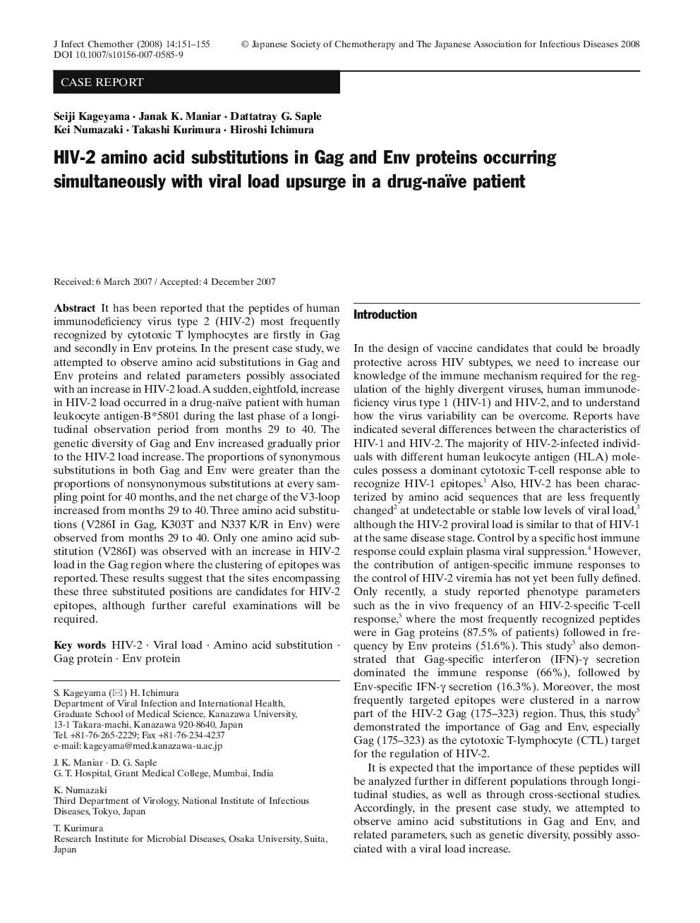 HIV-2 amino acid substitutions in Gag and Env proteins occurring simultaneously with viral load upsurge in a drug-naïve patient