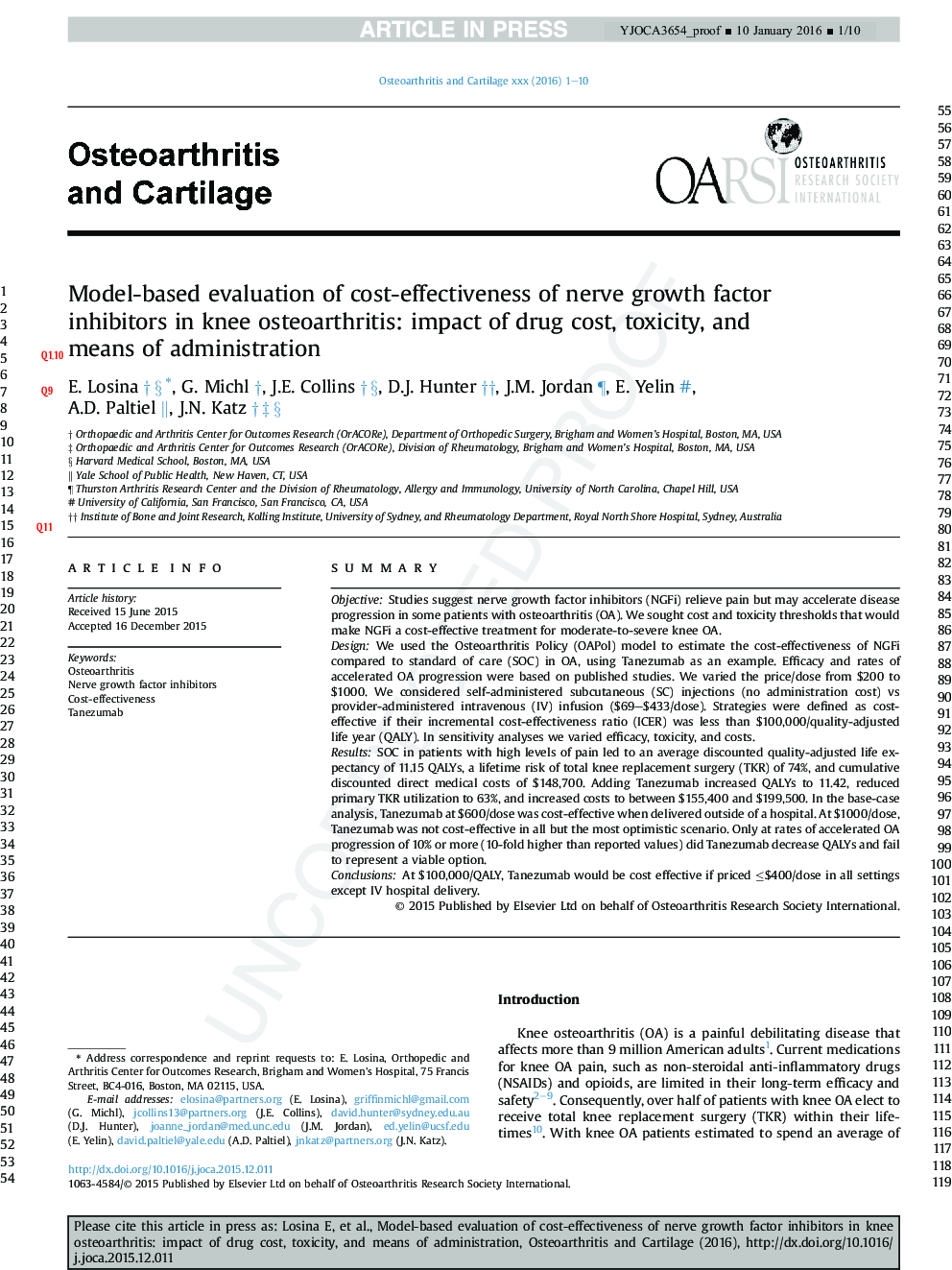 Model-based evaluation of cost-effectiveness of nerve growth factor inhibitors in knee osteoarthritis: impact of drug cost, toxicity, and means of administration