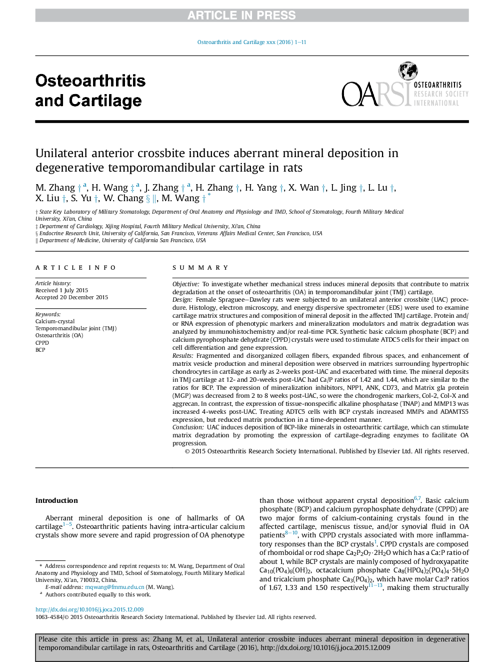 Unilateral anterior crossbite induces aberrant mineral deposition in degenerative temporomandibular cartilage in rats