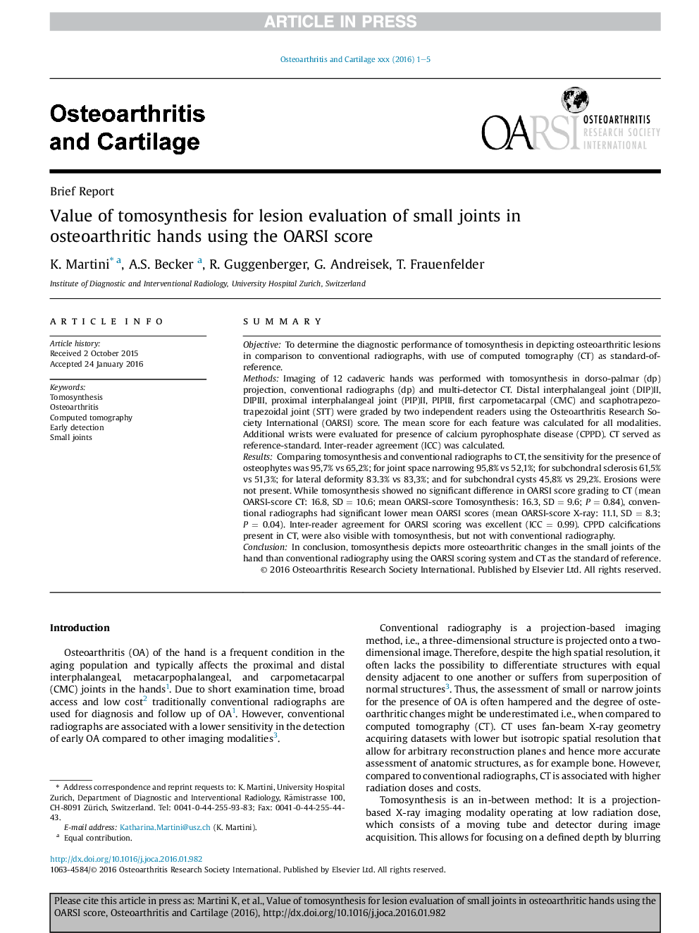 Value of tomosynthesis for lesion evaluation of small joints in osteoarthritic hands using the OARSI score