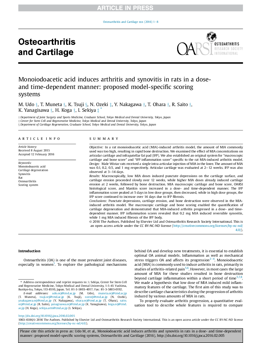 Monoiodoacetic acid induces arthritis and synovitis in rats in a dose- and time-dependent manner: proposed model-specific scoring systems