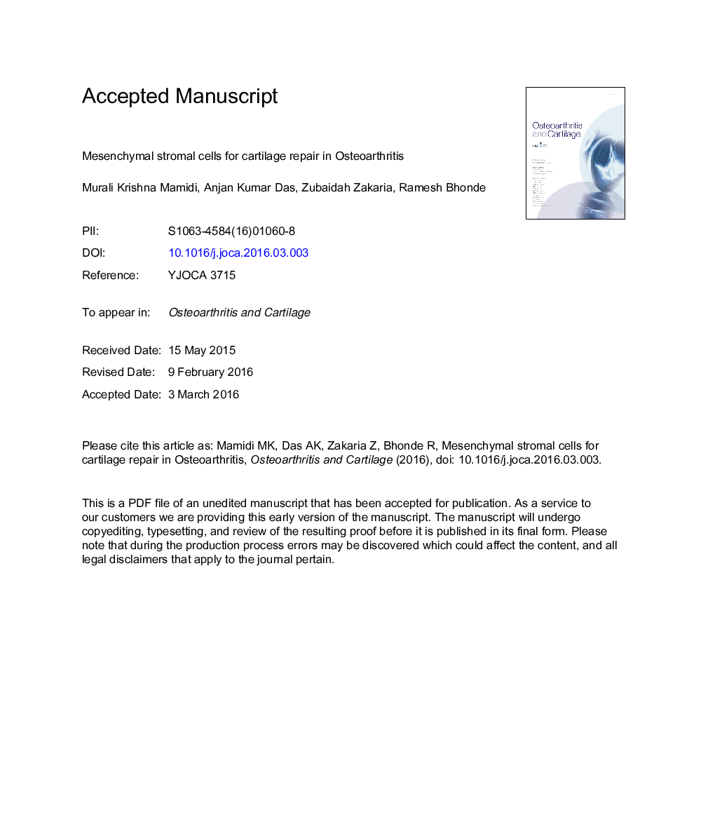 Mesenchymal stromal cells for cartilage repair in osteoarthritis