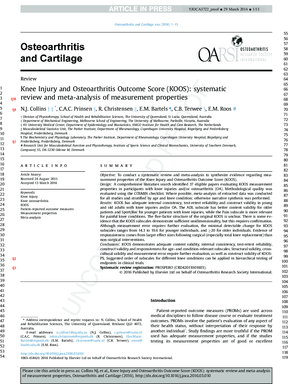 Knee Injury and Osteoarthritis Outcome Score (KOOS): systematic review and meta-analysis of measurement properties