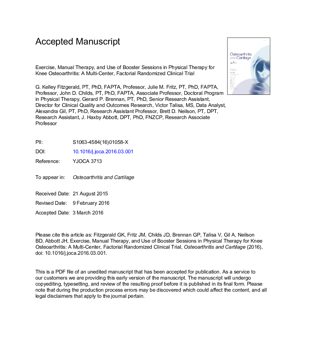 Exercise, manual therapy, and use of booster sessions in physical therapy for knee osteoarthritis: a multi-center, factorial randomized clinical trial