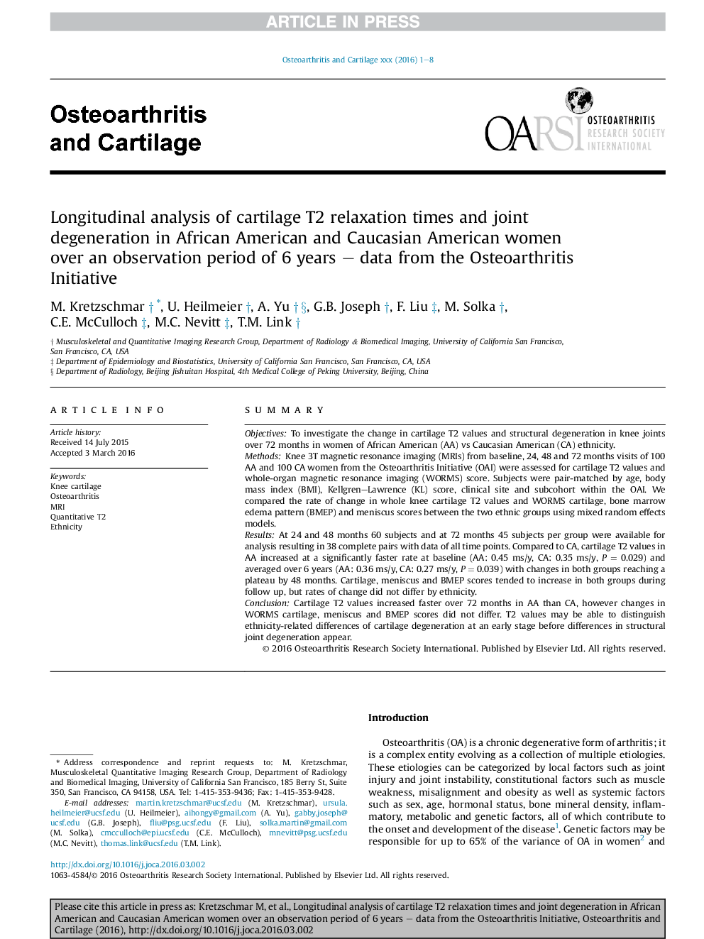 Longitudinal analysis of cartilage T2 relaxation times and joint degeneration in African American and Caucasian American women over an observation period of 6 years - data from the Osteoarthritis Initiative