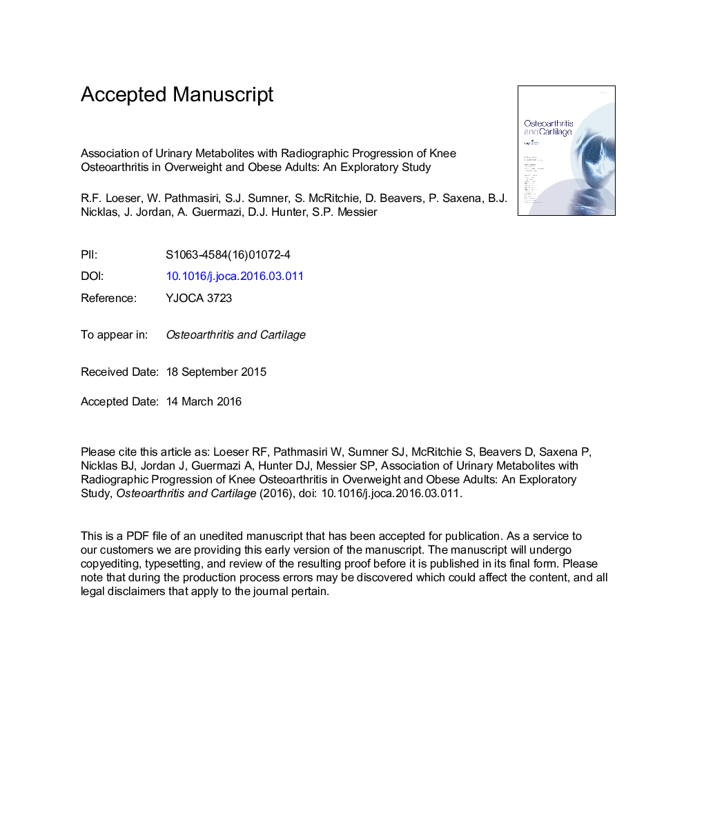 Association of urinary metabolites with radiographic progression of knee osteoarthritis in overweight and obese adults: an exploratory study