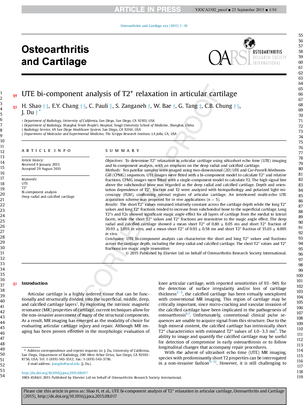 UTE bi-component analysis of T2* relaxation in articular cartilage