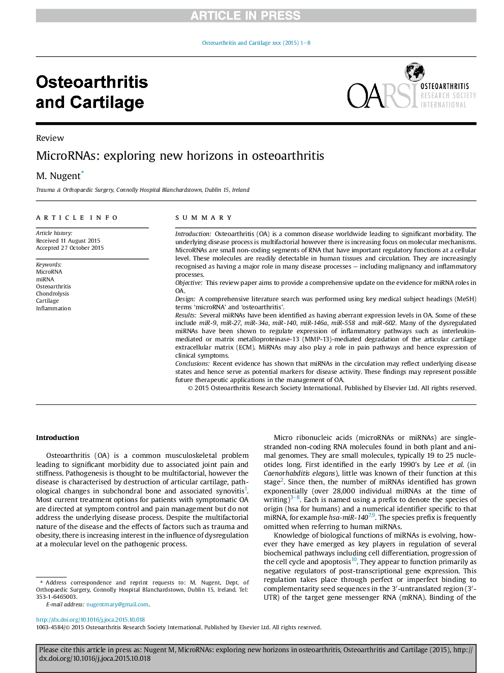 MicroRNAs: exploring new horizons in osteoarthritis