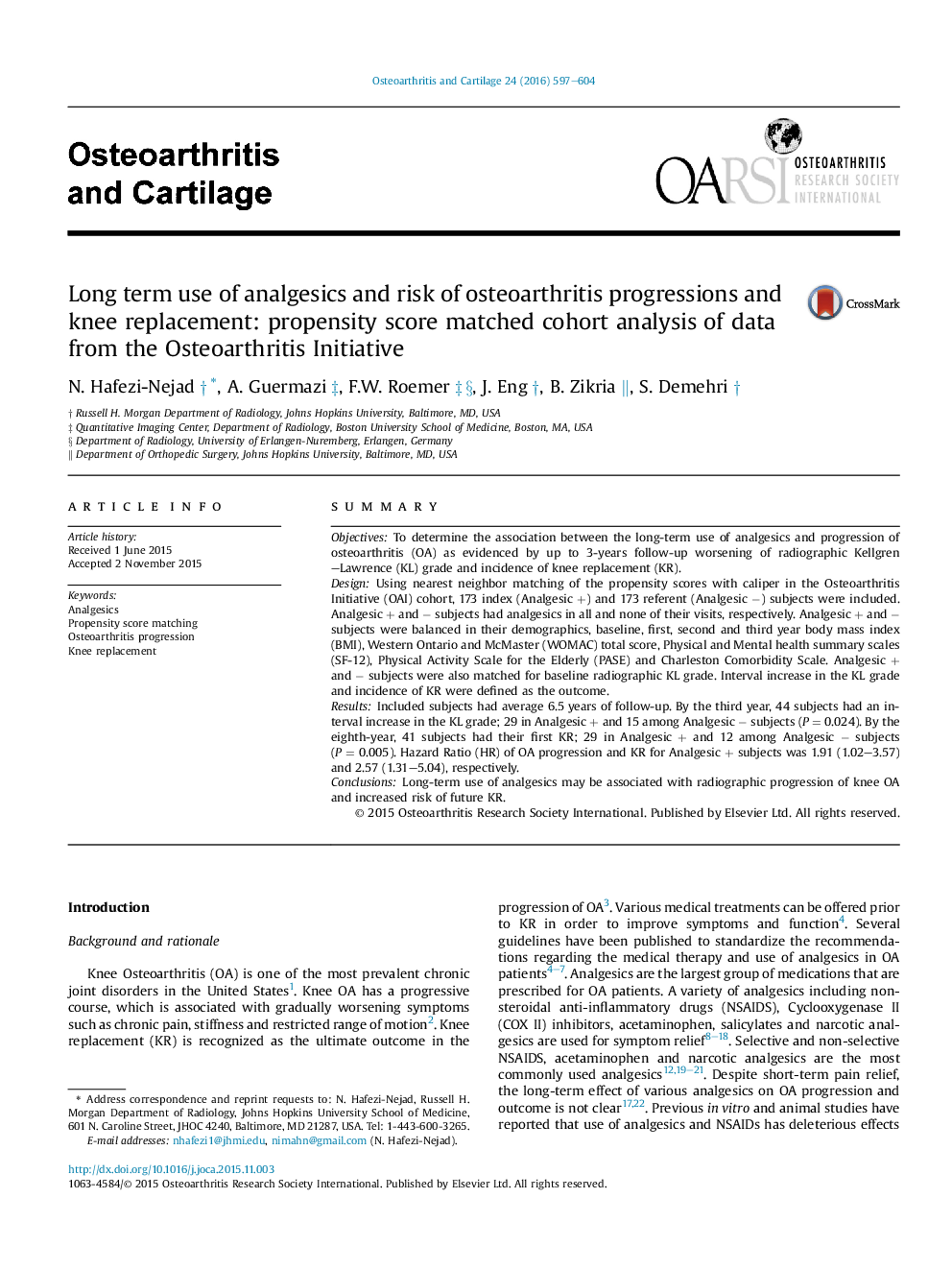 Long term use of analgesics and risk of osteoarthritis progressions and knee replacement: propensity score matched cohort analysis of data from the Osteoarthritis Initiative