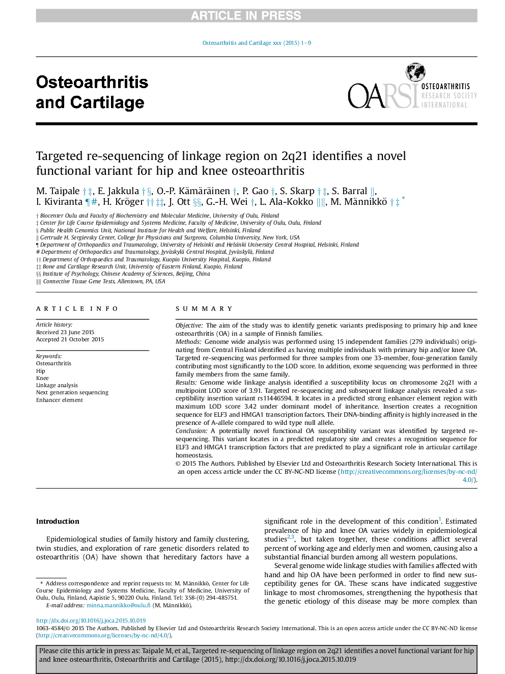 Targeted re-sequencing of linkage region on 2q21 identifies a novel functional variant for hip and knee osteoarthritis