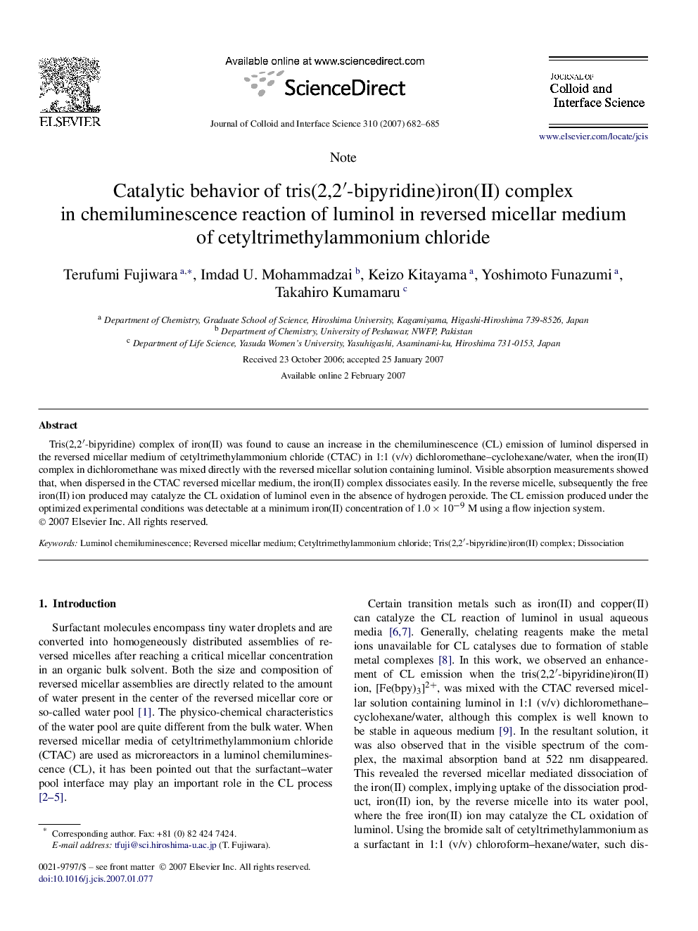 Catalytic behavior of tris(2,2′-bipyridine)iron(II) complex in chemiluminescence reaction of luminol in reversed micellar medium of cetyltrimethylammonium chloride