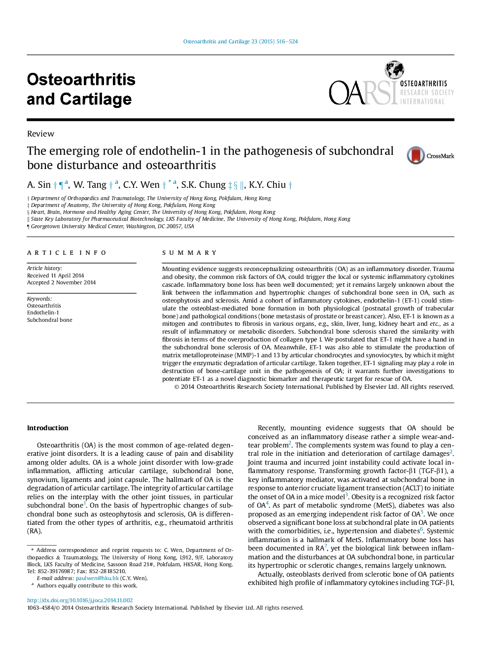 The emerging role of endothelin-1 in the pathogenesis of subchondral bone disturbance and osteoarthritis