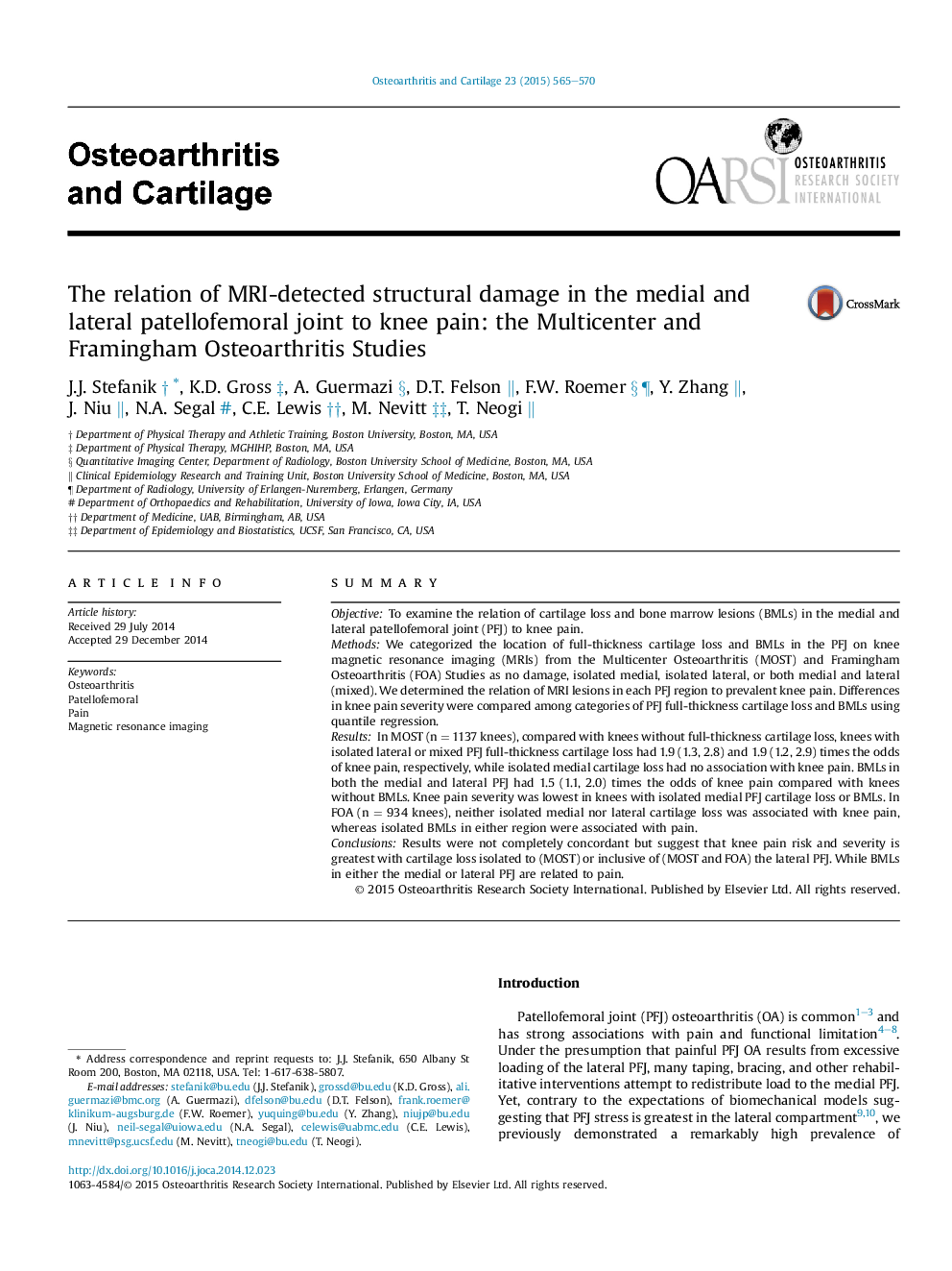 The relation of MRI-detected structural damage in the medial and lateral patellofemoral joint to knee pain: the Multicenter and Framingham Osteoarthritis Studies