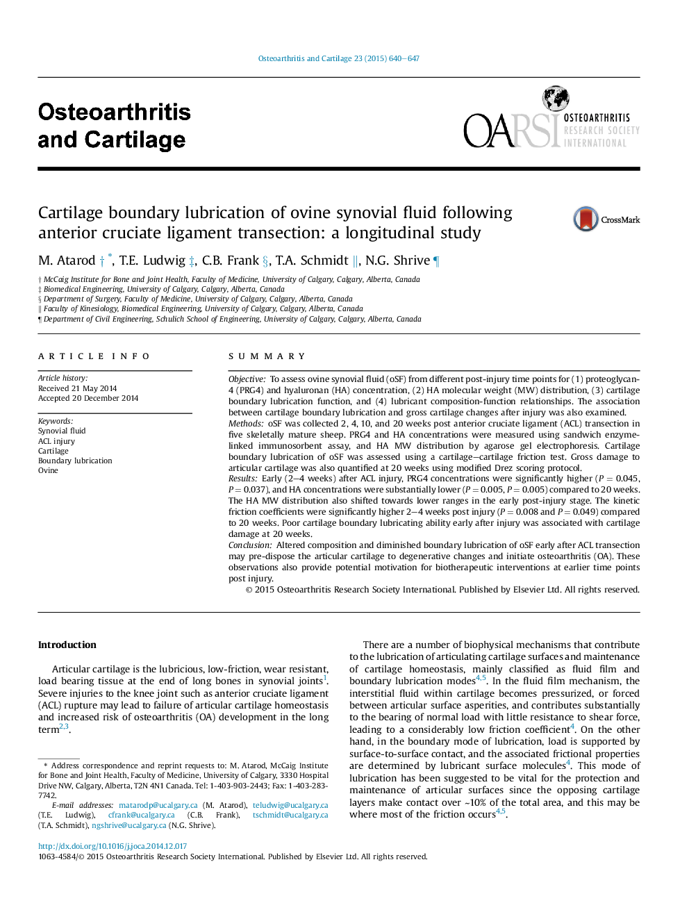 Cartilage boundary lubrication of ovine synovial fluid following anterior cruciate ligament transection: a longitudinal study