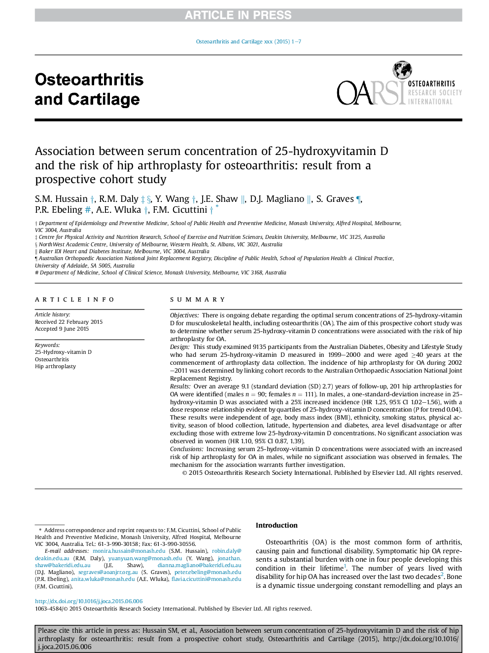 Association between serum concentration of 25-hydroxyvitamin D and the risk of hip arthroplasty for osteoarthritis: result from a prospective cohort study