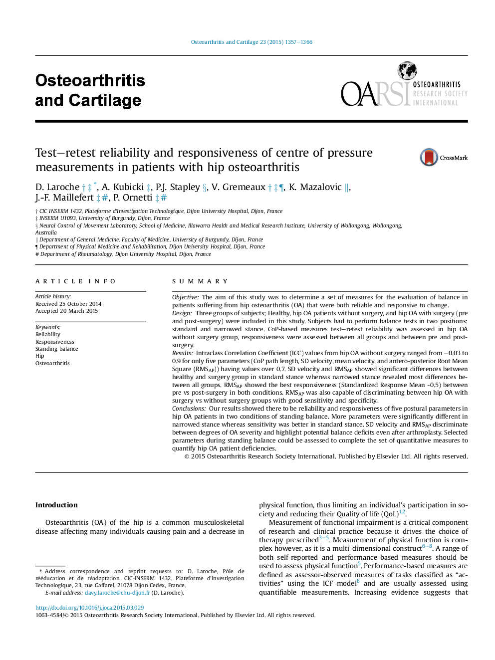 Test-retest reliability and responsiveness of centre of pressure measurements in patients with hip osteoarthritis