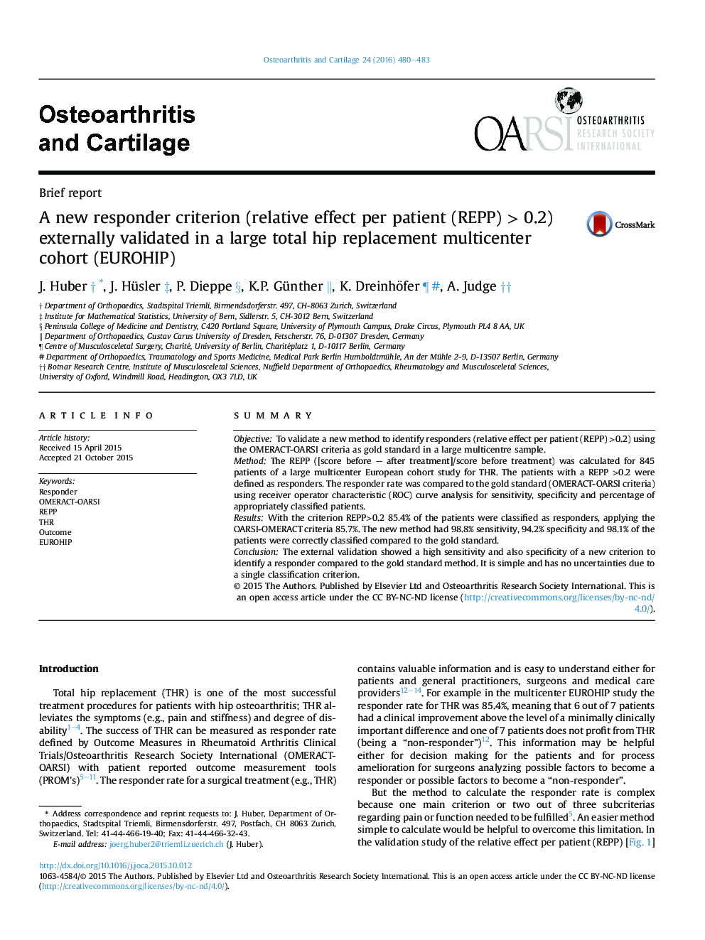 A new responder criterion (relative effect per patient (REPP) > 0.2) externally validated in a large total hip replacement multicenter cohort (EUROHIP)