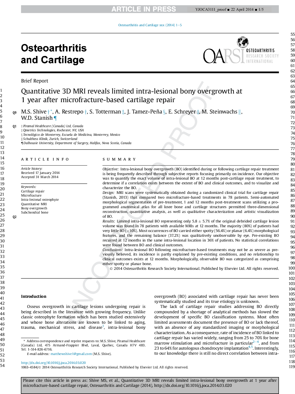 Quantitative 3D MRI reveals limited intra-lesional bony overgrowth atÂ 1 year after microfracture-based cartilage repair