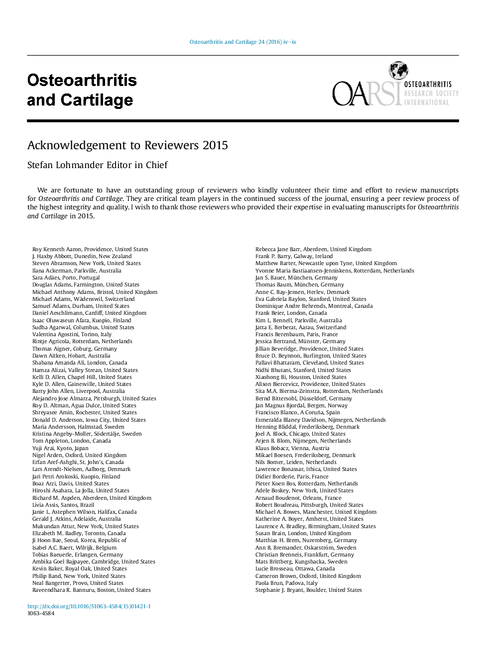 Acknowledgement to Reviewers 2015