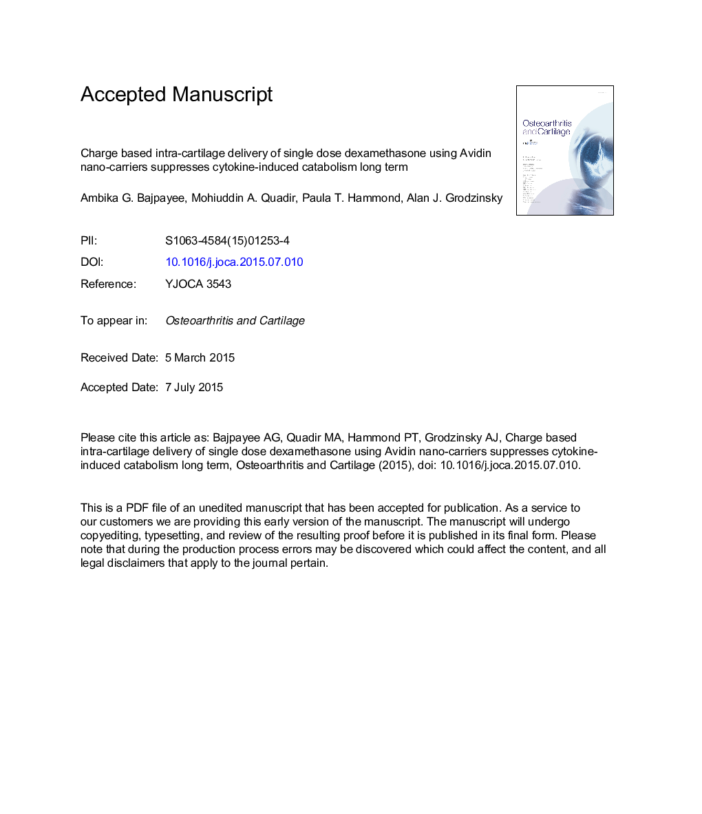 Charge based intra-cartilage delivery of single dose dexamethasone using Avidin nano-carriers suppresses cytokine-induced catabolism long term