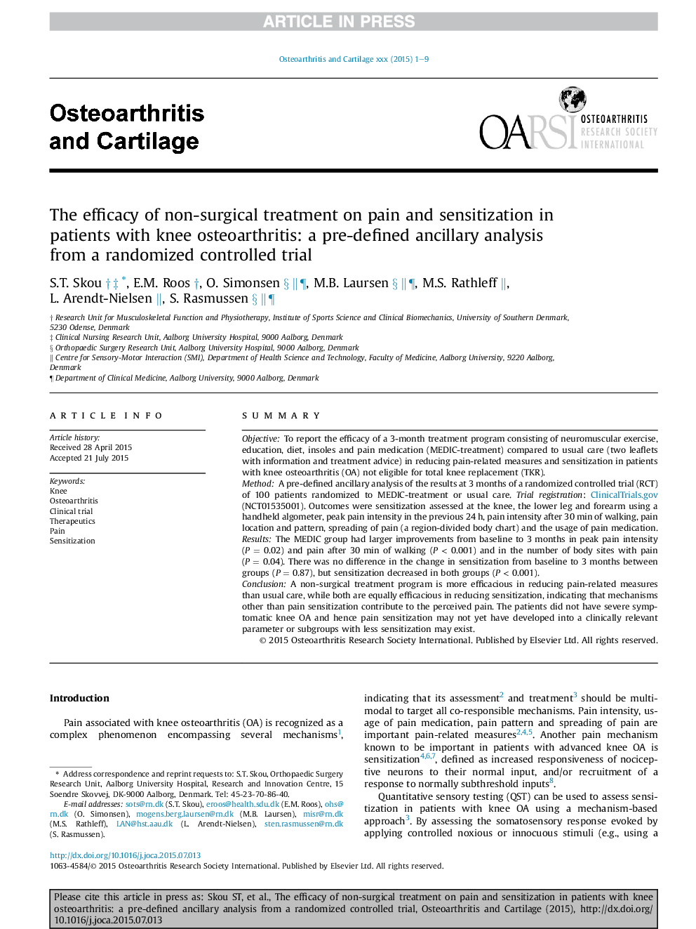 The efficacy of non-surgical treatment on pain and sensitization in patients with knee osteoarthritis: a pre-defined ancillary analysis from a randomized controlled trial