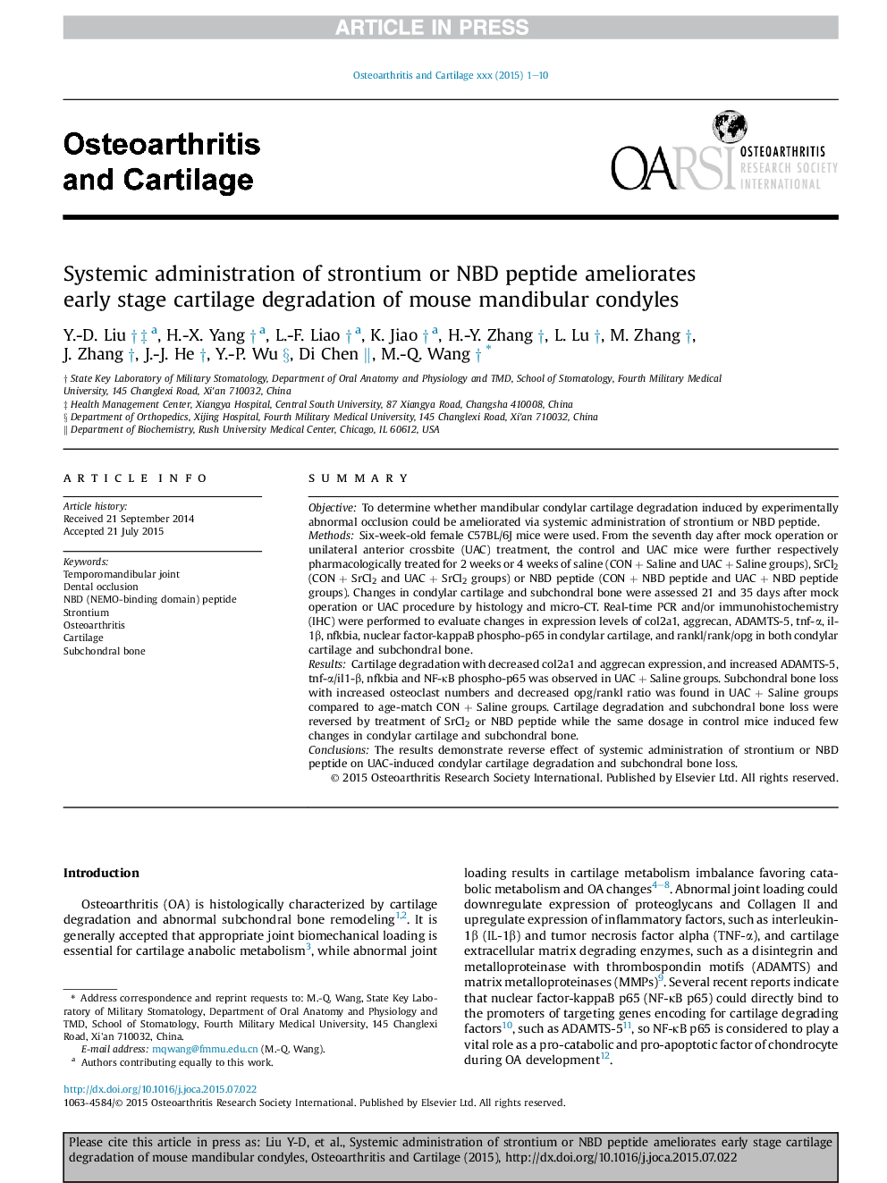 Systemic administration of strontium or NBD peptide ameliorates early stage cartilage degradation of mouse mandibular condyles