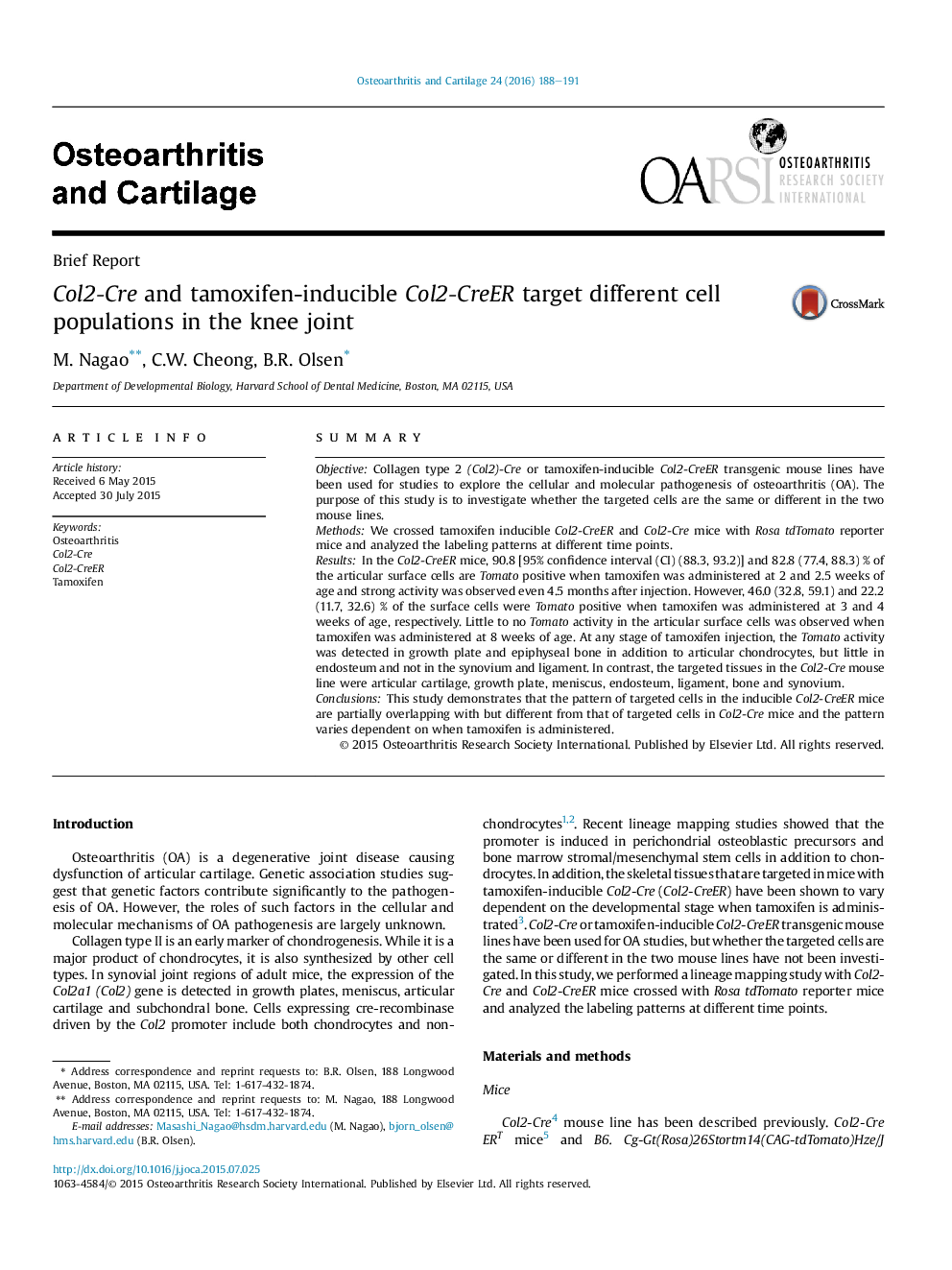 Col2-Cre and tamoxifen-inducible Col2-CreER target different cell populations in the knee joint